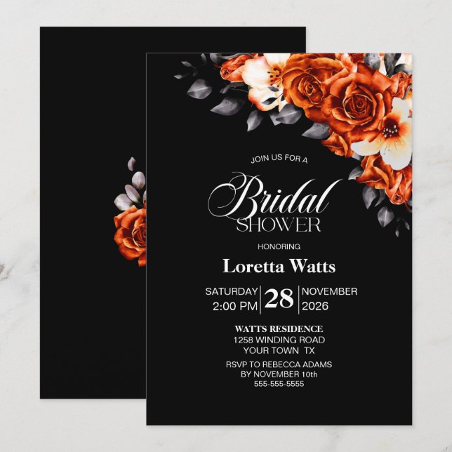 Burnt Orange Rose Floral Black Bridal Shower Invitation (Front/Back)