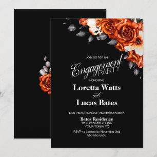 Burnt Orange Rose Floral Black Engagement Party Invitation