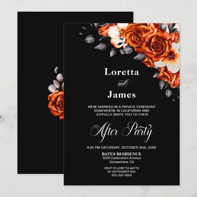 Burnt Orange Rose Floral Black Wedding Reception Invitation (Front/Back)