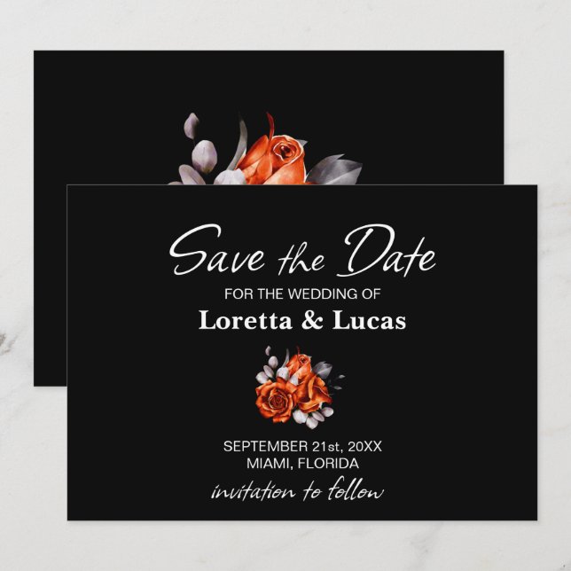 Burnt Orange Rose Floral Black Wedding Save The Date (Front/Back)