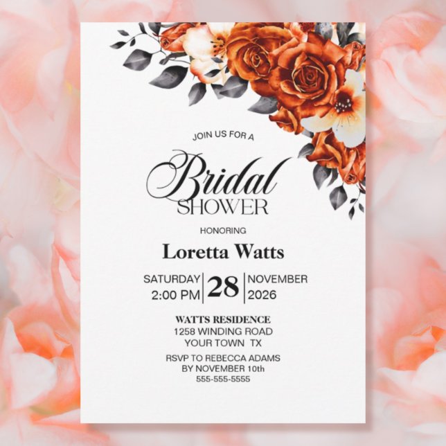 Burnt Orange Rose Floral Bridal Shower Invitation (Creator Uploaded)