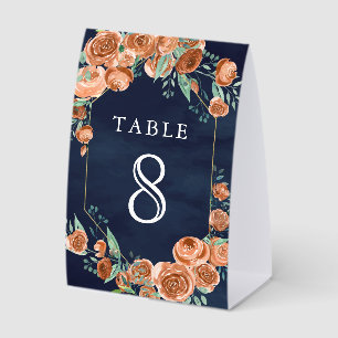 Burnt Orange Rose Floral Navy Wedding Table Number
