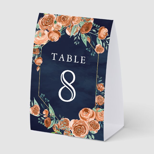 Burnt Orange Rose Floral Navy Wedding Table Number (Front)