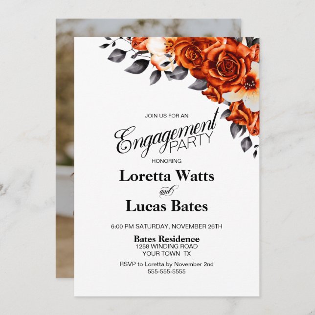 Burnt Orange Rose Floral Photo Engagement Party Invitation (Front/Back)