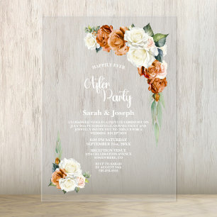 Burnt Orange Rose Floral Wedding After Party Acrylic Invitations