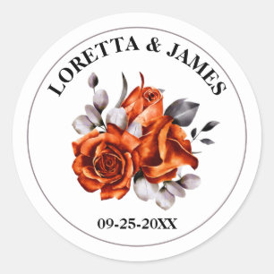Burnt Orange Rose Floral Wedding Classic Round Sticker