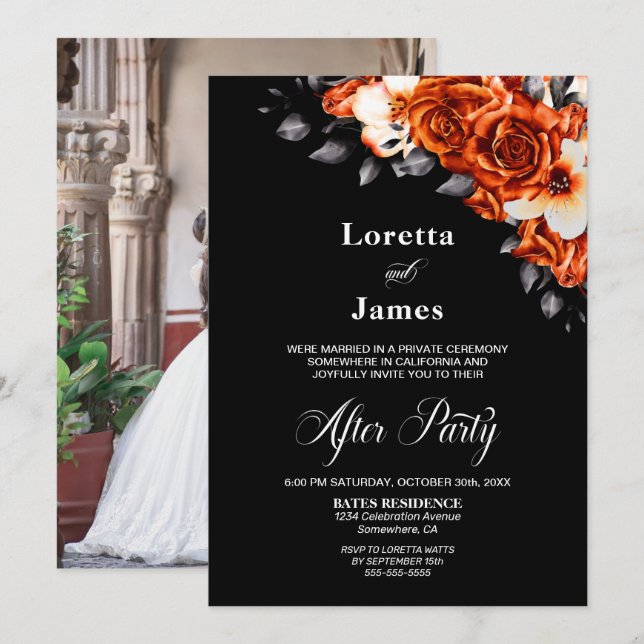 Burnt Orange Rose Floral Wedding Reception Photo Invitation (Front/Back)