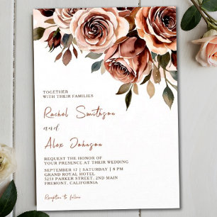 Burnt Orange Roses Rustic Watercolor Wedding Invitation