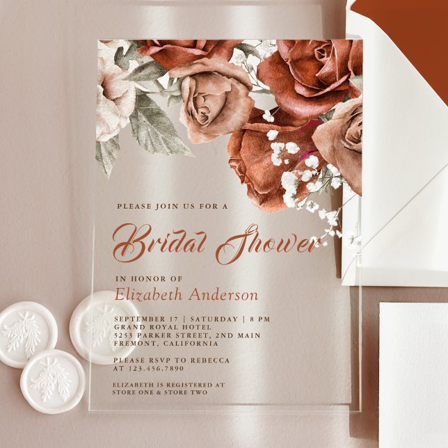 Burnt Orange Roses Terracotta Floral Bridal Shower Acrylic Invitations (Creator Uploaded)