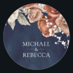 Burnt Orange Roses Terracotta Floral Navy Wedding Classic Round Sticker<br><div class="desc">Elegant terracotta theme wedding favour stickers featuring beautiful earthy flowers.</div>