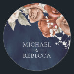 Burnt Orange Roses Terracotta Floral Navy Wedding Classic Round Sticker<br><div class="desc">Elegant terracotta theme wedding favour stickers featuring beautiful earthy flowers.</div>