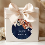 Burnt Orange Roses Terracotta Floral Navy Wedding Classic Round Sticker<br><div class="desc">Elegant terracotta theme wedding favour stickers featuring beautiful earthy flowers.</div>