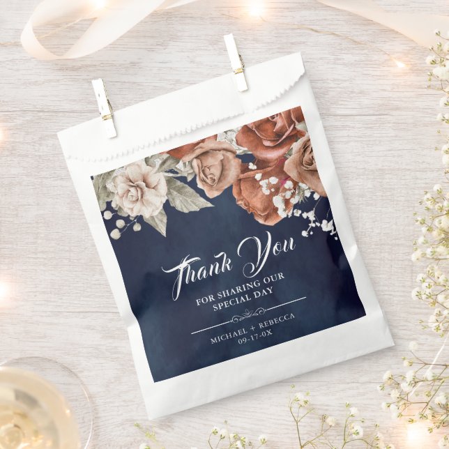 Burnt Orange Roses Terracotta Floral Navy Wedding Favour Bags (Clipped)