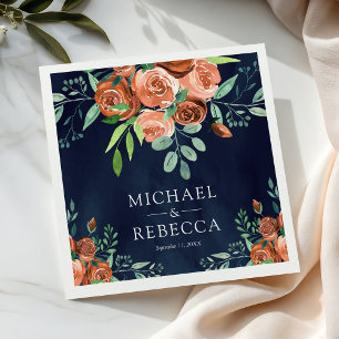 Burnt Orange Roses Terracotta Floral Navy Wedding Napkin