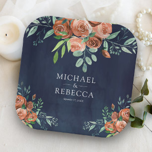 Burnt Orange Roses Terracotta Floral Navy Wedding Paper Plate