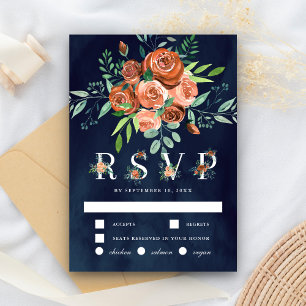 Burnt Orange Roses Terracotta Floral Navy Wedding RSVP Card