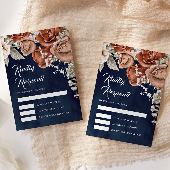 Burnt Orange Roses Terracotta Floral Navy Wedding RSVP Card (Creator Uploaded)