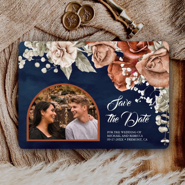 Burnt Orange Roses Terracotta Floral Navy Wedding Save The Date (Creator Uploaded)
