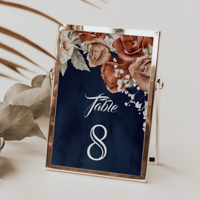 Burnt Orange Roses Terracotta Floral Navy Wedding Table Number (Creator Uploaded)