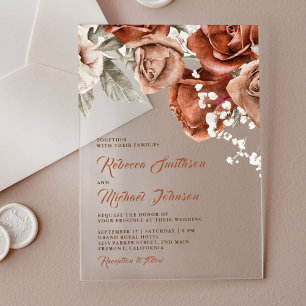 Burnt Orange Roses Terracotta Floral Wedding Acrylic Invitations