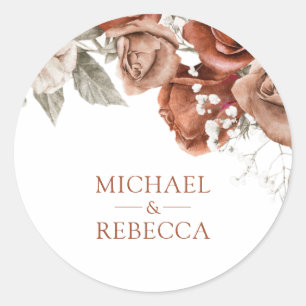 Burnt Orange Roses Terracotta Floral Wedding Favou Classic Round Sticker