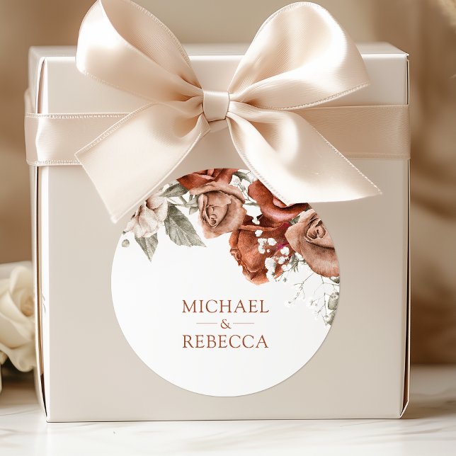 Burnt Orange Roses Terracotta Floral Wedding Favou Classic Round Sticker (Creator Uploaded)