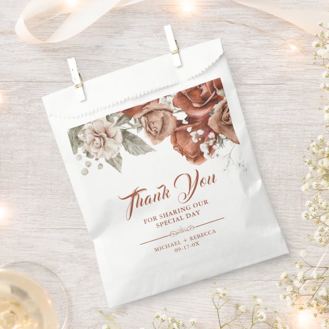 Burnt Orange Roses Terracotta Floral Wedding Favour Bags (Clipped)