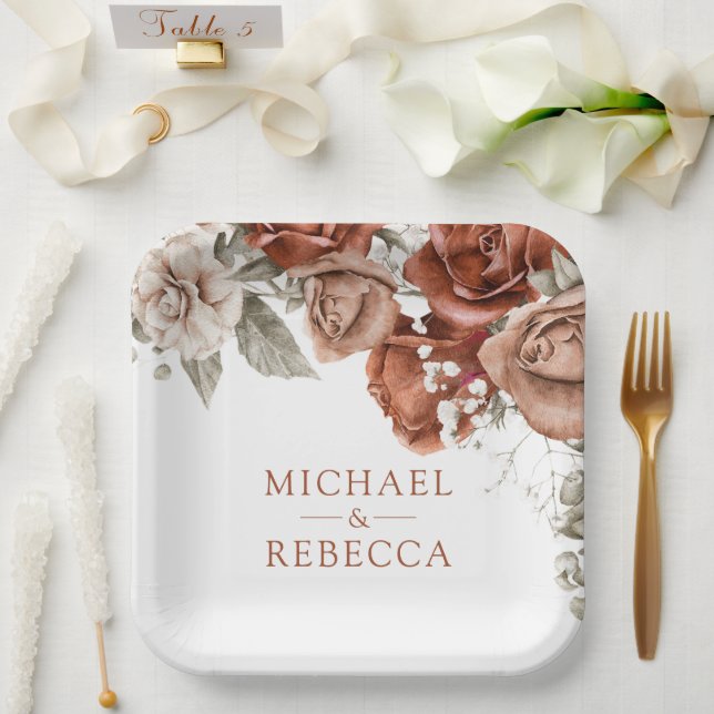 Burnt Orange Roses Terracotta Floral Wedding Paper Plate (Wedding)