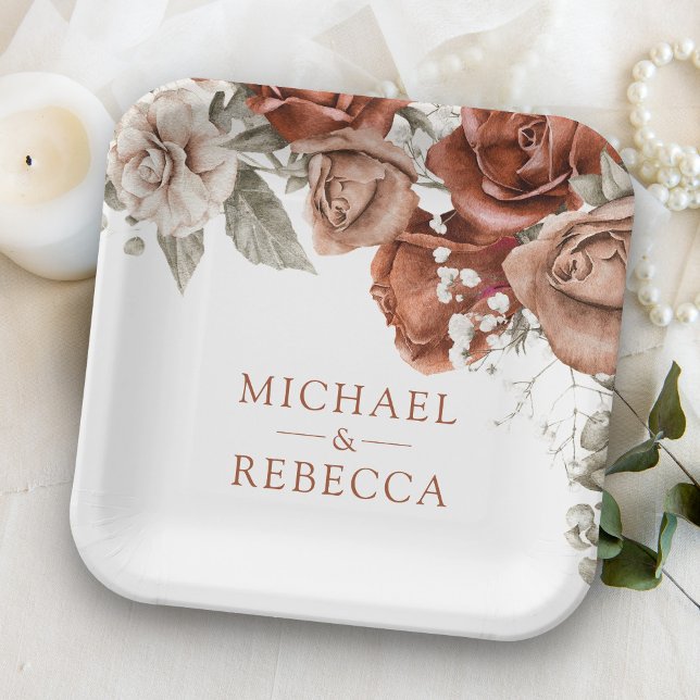 Burnt Orange Roses Terracotta Floral Wedding Paper Plate (Creator Uploaded)
