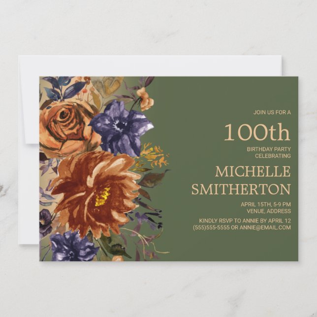 Burnt Orange Rust Blue Floral Green 100th Birthday Invitation (Front)
