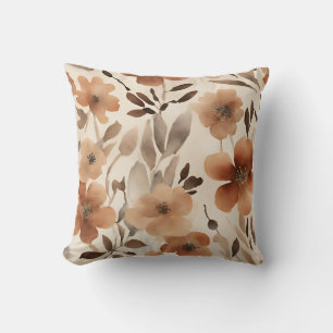 Burnt Orange Rust Brown Beige Watercolor Floral Cushion