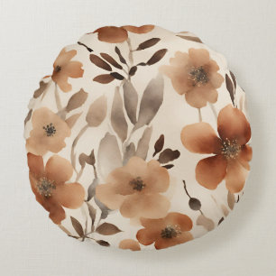 Burnt Orange Rust Brown Beige Watercolor Floral Round Cushion