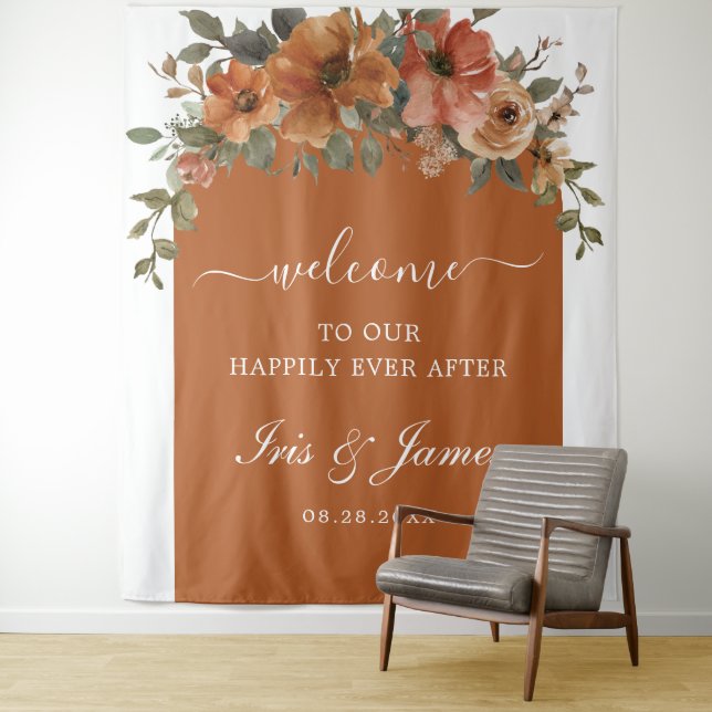 Burnt Orange Rust Copper Floral Wedding Backdrop Tapestry (In Situ)