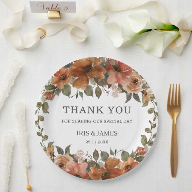 Burnt Orange Rust Floral Wedding Shower Birthday Paper Plate (Wedding)