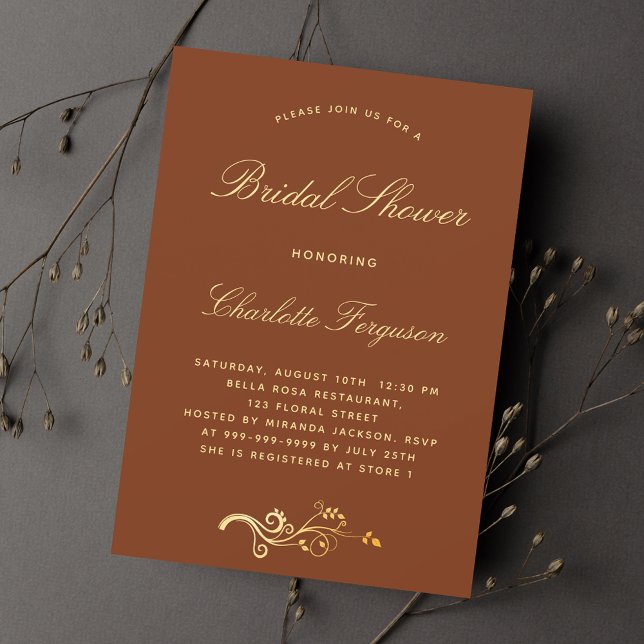 Burnt orange rust gold script luxury bridal shower invitation (Creator Uploaded)