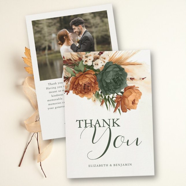 Burnt Orange Rust Green Boho Pampas Fall Wedding Thank You Card (Burnt Orange Rust Green Boho Pampas Fall Wedding Thank You Card with Photo)