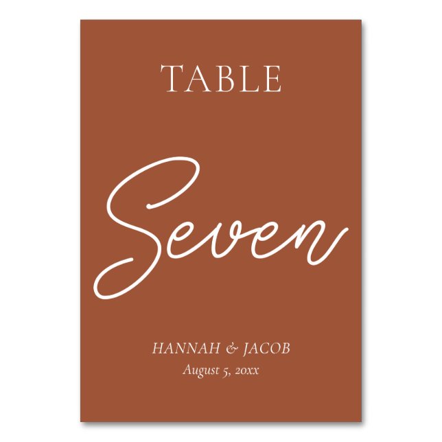 Burnt Orange Rust Wedding Seven Table Number (Front)