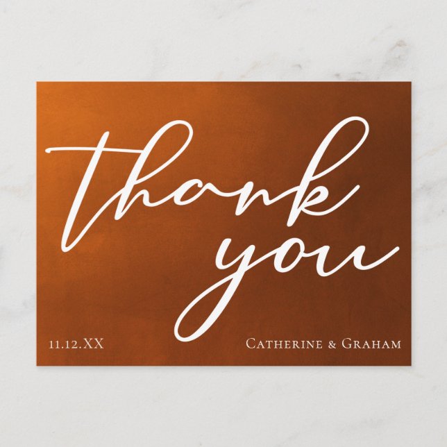 Burnt Orange Rustic Autumn Wedding Thank You Postcard (Front)