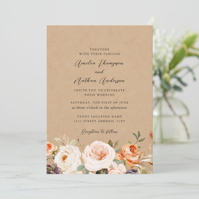 Burnt Orange Rustic Botanical Florals Wedding Invitation (Standing Front)
