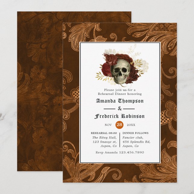 Burnt Orange Rustic Damask Gothic Rehearsal Dinner Invitation (Front/Back)