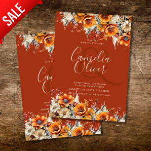 Burnt Orange Rustic Fall Floral Winter Boho Script Invitation