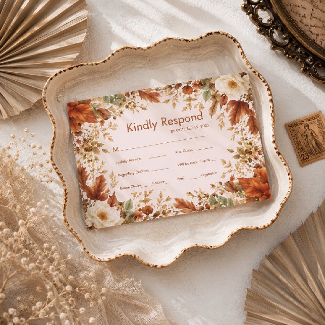 Burnt Orange Rustic Fall Leaves Wedding RSVP Card (Creator Uploaded)