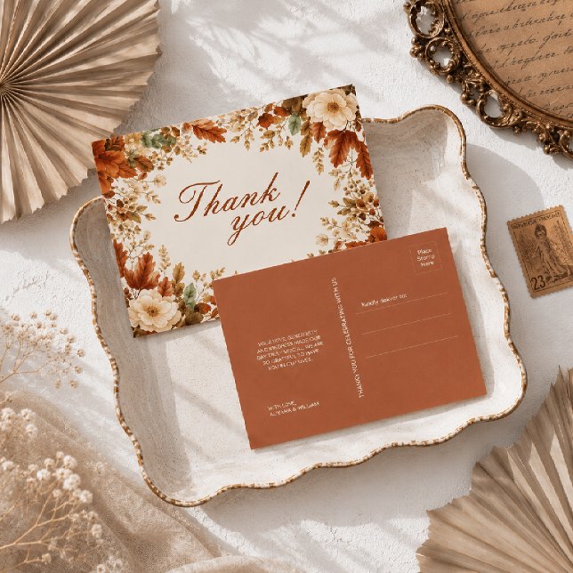 Burnt Orange Rustic Fall Leaves Wedding Thank You Postcard (Creator Uploaded)