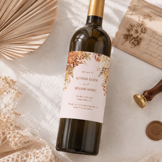 Burnt Orange Rustic Fall Leaves Wedding Wine Label (Creator Uploaded)
