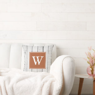 Burnt Orange Rustic Monogram Throw Pillow