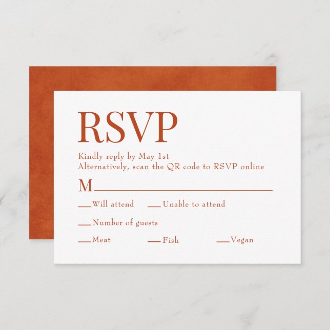 Burnt Orange Scan Qr Code Meal Choice Wedding RSVP Card (Front/Back)