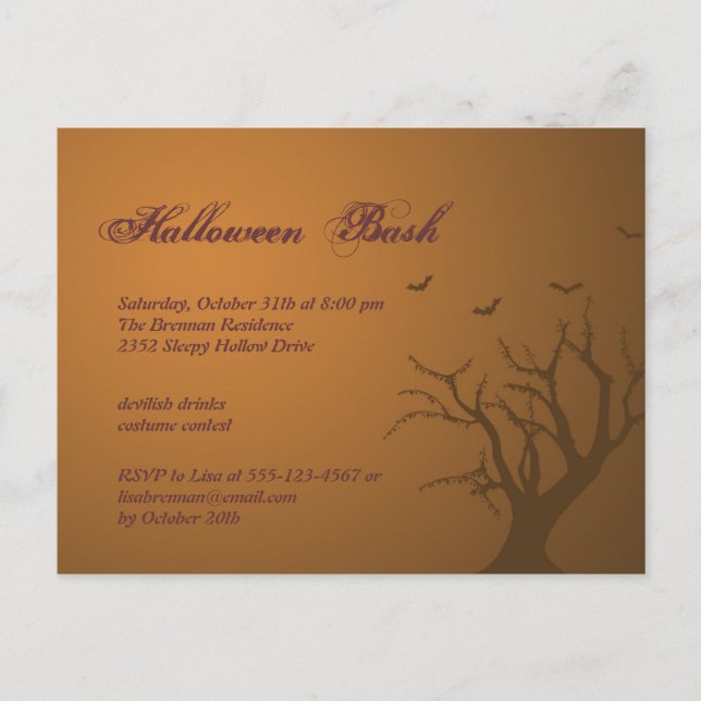 Burnt orange scary tree Halloween party invitation Postcard (Front)