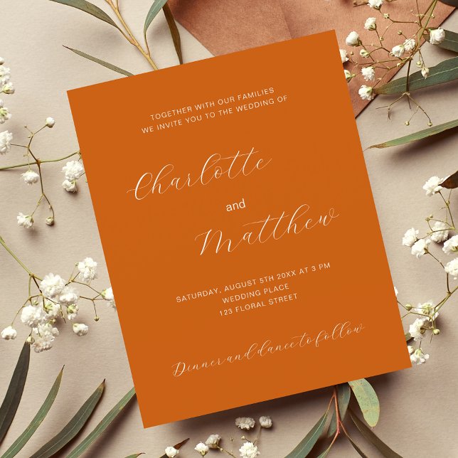 Burnt orange script budget wedding invitation (Creator Uploaded)