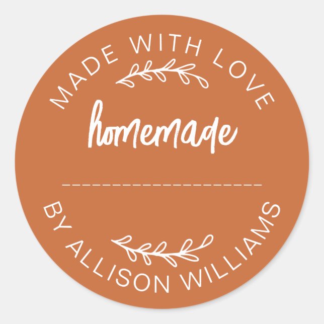 Burnt Orange Script Made With Love Homemade Food  Classic Round Sticker (Front)