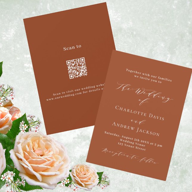 Burnt orange script QR code RSVP luxury wedding Invitation (Creator Uploaded)